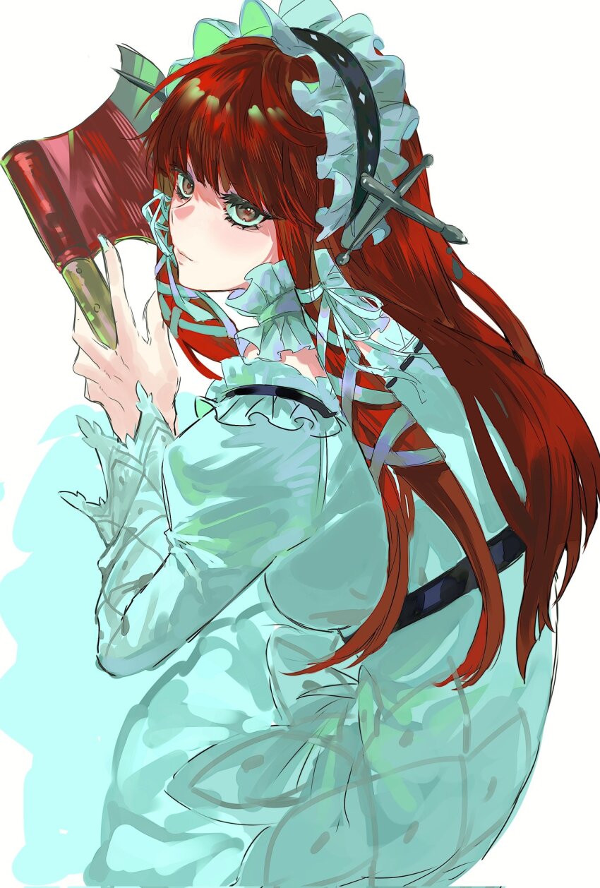 1girl, axe, blunt_bangs, breasts, brown_eyes, chinese_commentary, choker, closed_mouth, commentary_request, cowboy_shot, dress, frilled_choker, frilled_hairband, frills, from_side, hair_ornament, hair_ribbon, hairband, highres, holding, holding_axe, holding_weapon, juliet_sleeves, light_blush, lolita_fashion, long_dress, long_hair, long_sleeves, looking_at_viewer, looking_to_the_side, medium_breasts, miko_66, persona, persona_3, puffy_sleeves, red_hair, ribbon, sidelocks, solo, weapon, white_dress, white_ribbon, yoshino_chidori