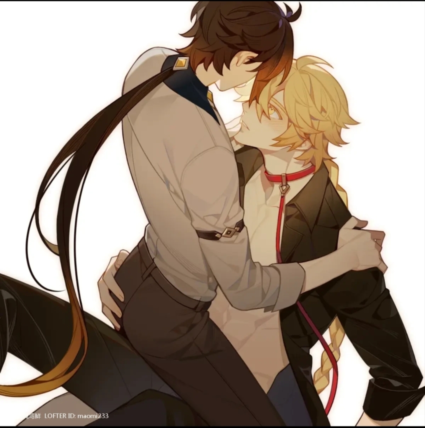 2boys, aether_(genshin_impact), cowgirl_position, genshin_impact, hand_on_another's_ass, highres, leash, lofter