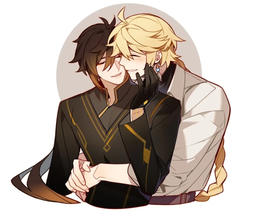 2boys, aether_(genshin_impact), ahoge, changpao, chinese_clothes, eyeliner, genshin_impact, highres