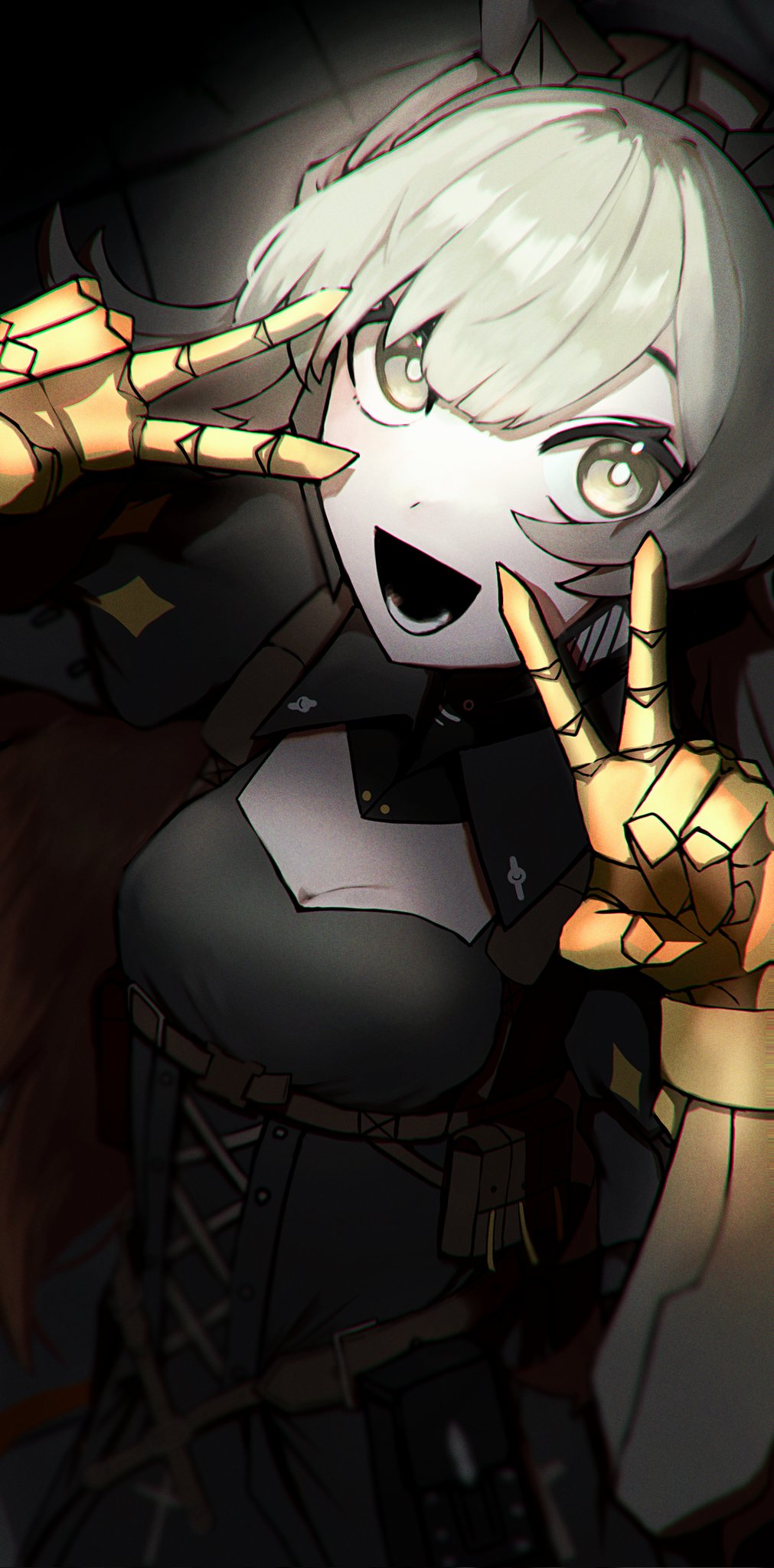 1girl, asymmetrical_bangs, black_dress, cleavage_cutout, clothing_cutout, dress, greyscale, headgear