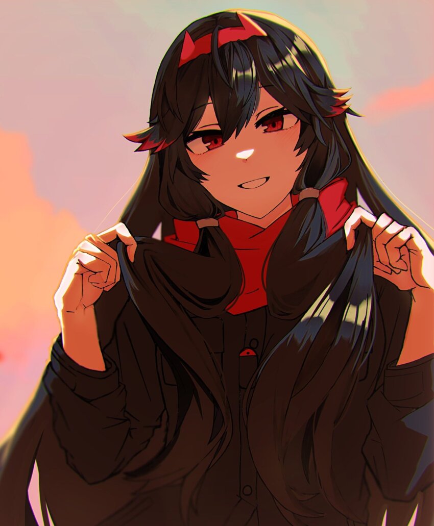 1girl, black_hair, black_jacket, hair_between_eyes, headgear, highres, jacket, long_hair