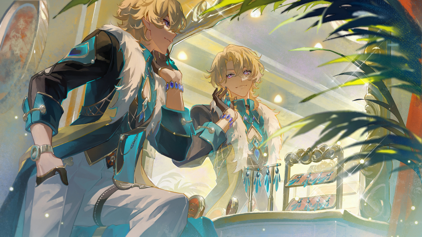 1boy, absurdres, aventurine_(honkai:_star_rail), black_coat, black_gloves, blonde_hair, bolichar, bracelet