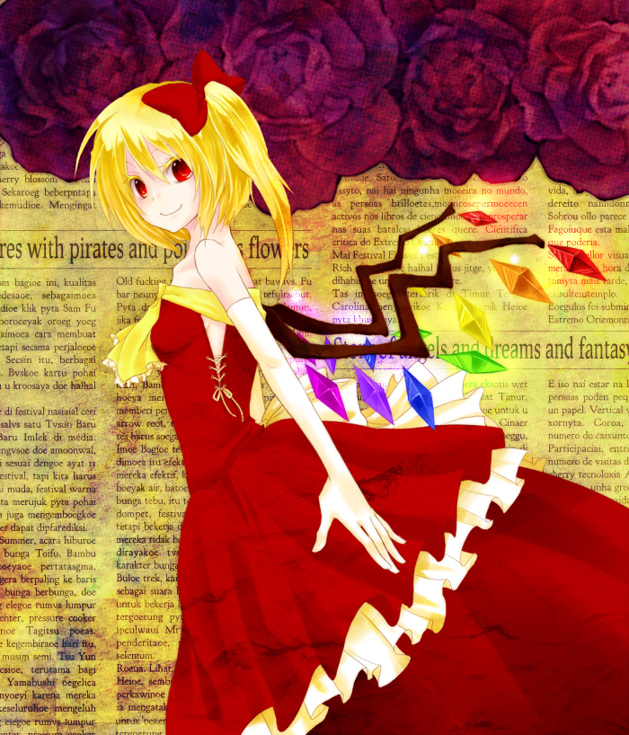 1girl, akihiro_(equalsai), alternate_costume, bad_id, bad_pixiv_id, bare_shoulders, blonde_hair, dress, elbow_gloves, english_text, female_focus, flandre_scarlet, flower, frills, galician_text, gloves, newspaper, purple_flower, purple_rose, red_eyes, rose, short_hair, side_ponytail, smile, solo, embodiment_of_scarlet_devil, touhou, wings