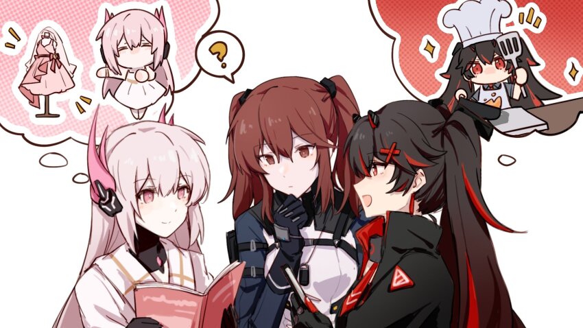 3girls, ?, beizhi, black_bodysuit, black_gloves, black_hair, bodysuit, book