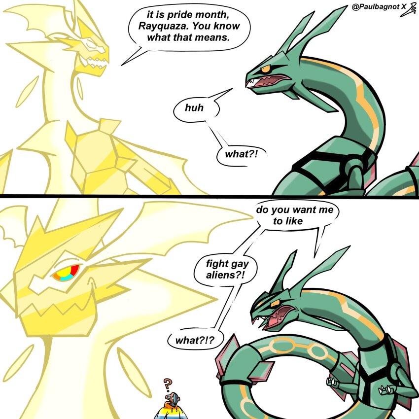 ?, alien, angry, deoxys, deoxys_(normal), disgust, dragon, english_text, fang, fangs, gen_3_pokemon, gen_7_pokemon, glowing, highres, hood, hooded_jacket, jacket, legendary_pokemon, looking_at_another, multiple_boys, mythical_pokemon, necrozma, necrozma_(ultra), nintendo, no_humans, open_mouth, paulbagnot, pokemon, pokemon_(creature), rayquaza, serious, shaded_face, sharp_teeth, skin_fang, smug, tail, teeth, throwing, wings, yellow_eyes