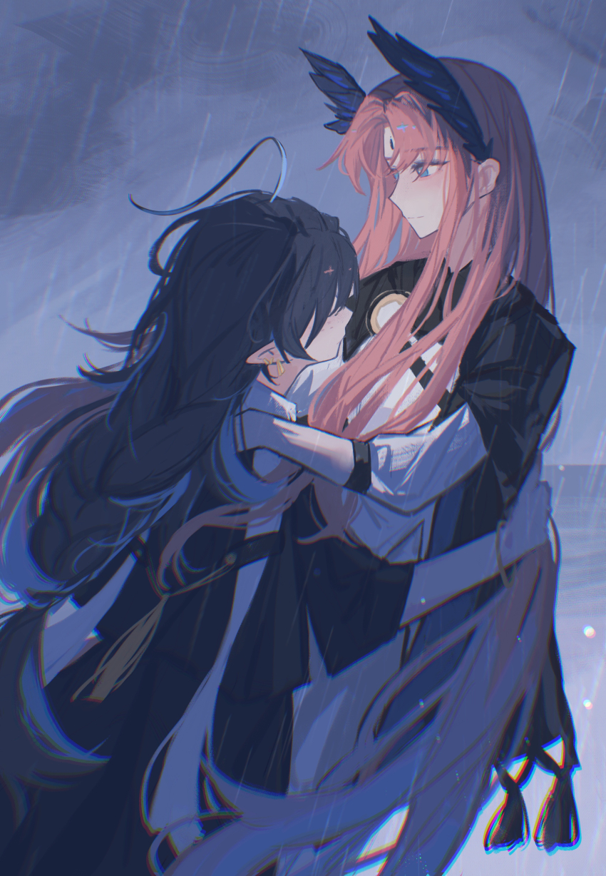 2girls, absurdres, arknights, bieshi, black_dress, black_shawl, blue_hair, blush, colored_inner_hair, commentary, cowboy_shot, dress, english_commentary, facial_mark, feather_hair, genderswap, genderswap_(mtf), grey_skirt, hands_on_another's_shoulders, highres, long_hair, long_sleeves, lumen_(arknights), multicolored_hair, multiple_girls, orange_hair, outdoors, parted_bangs, passenger_(arknights), rain, shawl, skirt, white_dress