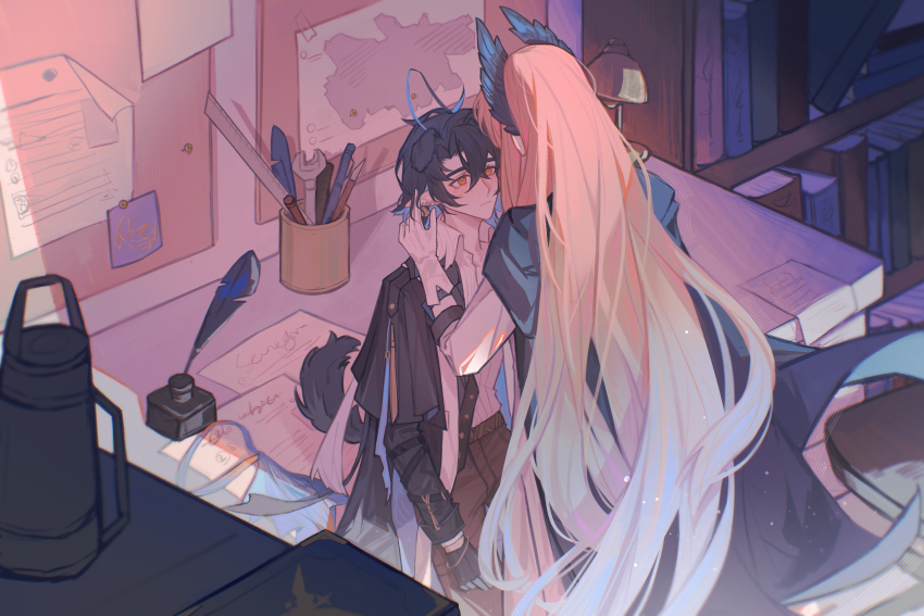 2boys, absurdres, ahoge, arknights, bieshi, black_coat, black_gloves, black_vest