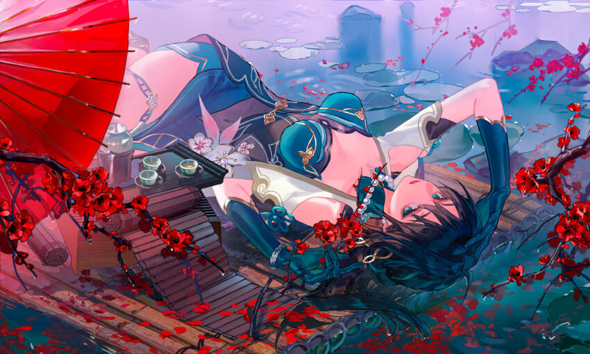 1girl, ba_shiba_ye_xin, black_hair, blue_dress, blue_eyes, blue_gloves, bracelet, branch, choko_(cup), clothing_cutout, covered_navel, cup, day, detached_collar, detached_sleeves, dress, earrings, elbow_gloves, expressionless, flower, from_above, gloves, hair_spread_out, hand_on_own_head, highres, holding, holding_branch, honkai:_star_rail, honkai_(series), jewelry, lily_pad, long_hair, looking_at_viewer, lying, necklace, oil-paper_umbrella, on_back, outdoors, pearl_earrings, pearl_necklace, petals, petals_on_liquid, plum_blossoms, rock, ruan_mei_(honkai:_star_rail), scenery, second-party_source, shoulder_cutout, solo, teapot, tray, umbrella, water