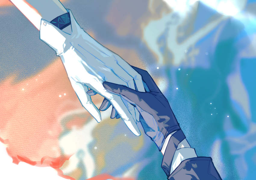 2boys, absurdres, arknights, bieshi, black_gloves, black_shirt, blue_background, commentary