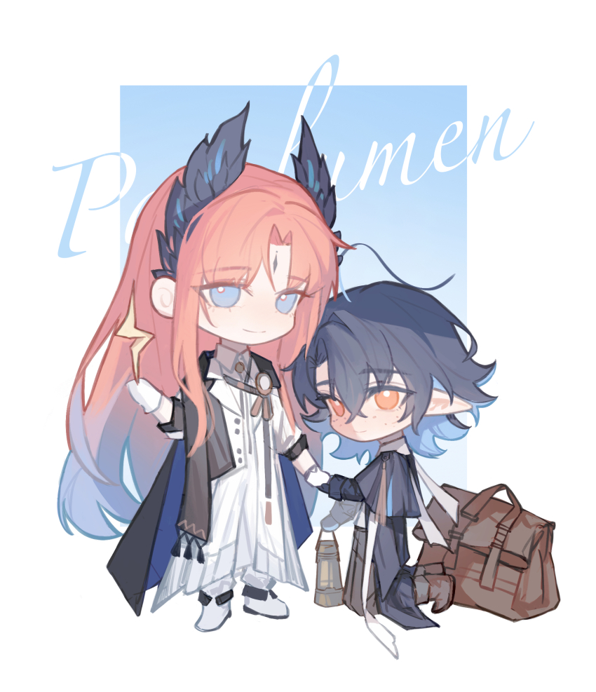 2boys, absurdres, ahoge, arknights, bag, bieshi, black_cape, black_coat
