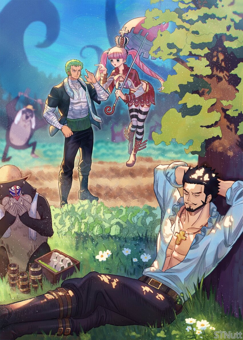 1girl, 2boys, animal, arms_behind_head, artist_name, bandaged_arm, bandaged_torso, bandages