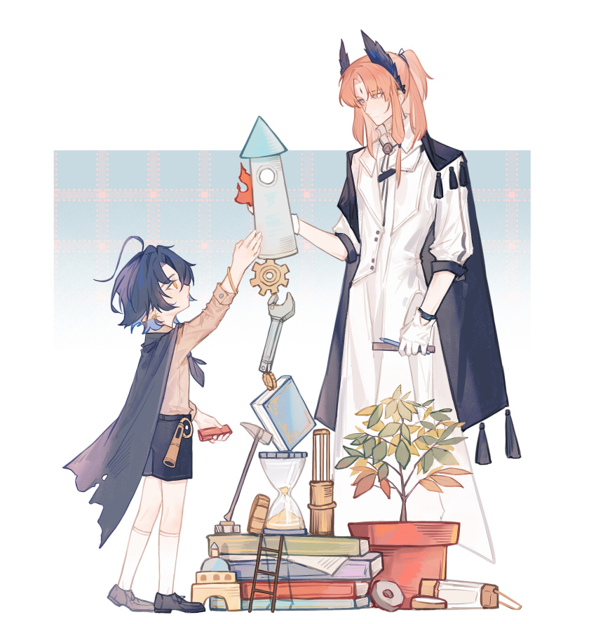 2boys, absurdres, aged_down, ahoge, arknights, bieshi, black_footwear, black_shawl