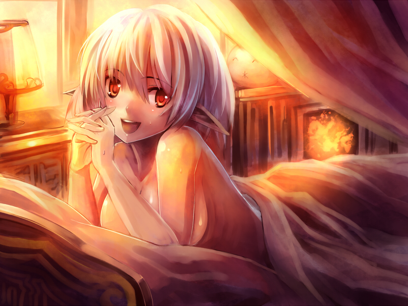 1girl, :d, artemisia_(pixiv_fantasia), bed, bed_sheet, edobox, elf, female_focus, lying, morning_after, naked_sheet, nude, on_stomach, open_mouth, orange_eyes, original, own_hands_together, pixiv_fantasia, pixiv_fantasia_2, pointy_ears, red_eyes, short_hair, silver_hair, smile, solo, under_covers