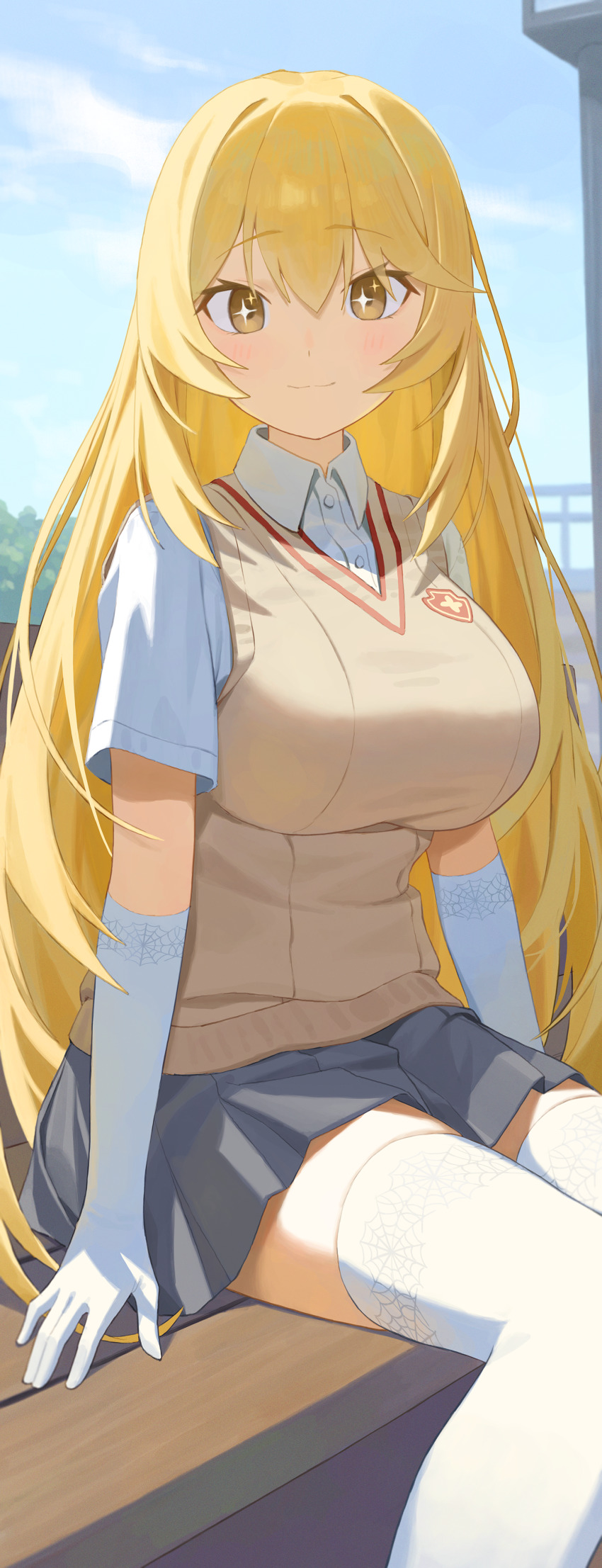 1girl, absurdres, blonde_hair, blush, breasts, brown_sweater_vest, commentary, crro, elbow_gloves, emblem, feet_out_of_frame, gloves, grey_skirt, highres, large_breasts, long_hair, looking_at_viewer, miniskirt, on_bench, outdoors, school_emblem, school_uniform, shirt, shokuhou_misaki, short_sleeves, sitting, skirt, smile, solo, spider_web_print, summer_uniform, sweater_vest, thighhighs, toaru_kagaku_no_railgun, toaru_majutsu_no_index, tokiwadai_school_uniform, very_long_hair, white_gloves, white_shirt, white_thighhighs, yellow_eyes, zettai_ryouiki