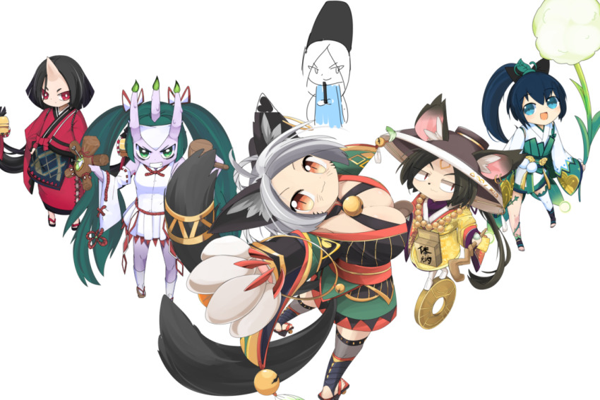 2boys, 4girls, :d, abe_no_seimei_(onmyoji), ahoge, animal_ears, bead_necklace, beads