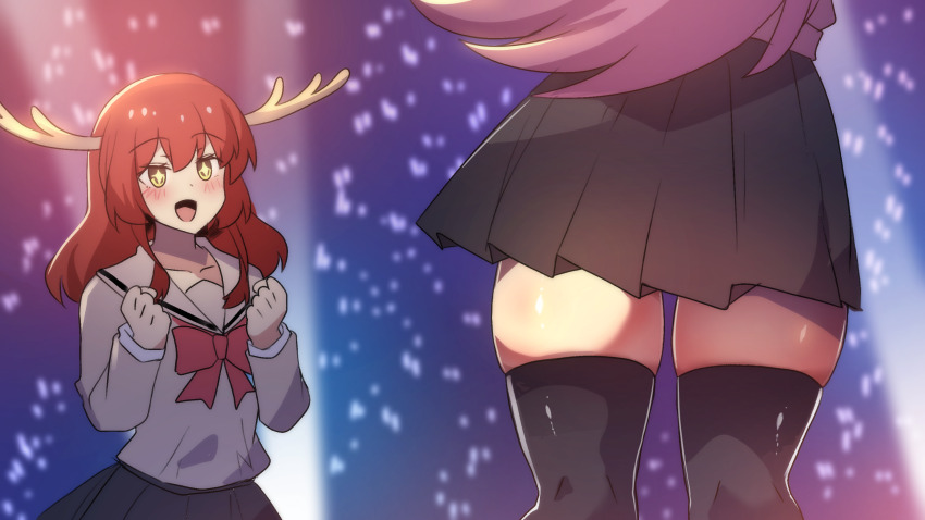 +_+, 2girls, :d, antlers, black_skirt, black_thighhighs, bocchi_the_rock!, commentary, deer_antlers, english_commentary, gotoh_hitori, green_eyes, highres, hinghoi, horns, jacket, kita_ikuyo, long_hair, looking_at_another, looking_at_viewer, multiple_girls, open_mouth, parody, pink_hair, pink_jacket, pleated_skirt, red_hair, sailor_collar, school_uniform, shikairo_days, shikairo_days_dance_(meme), shikanoko_nokonoko_koshitantan, shuka_high_school_uniform, skindentation, skirt, smile, thighhighs, thighs