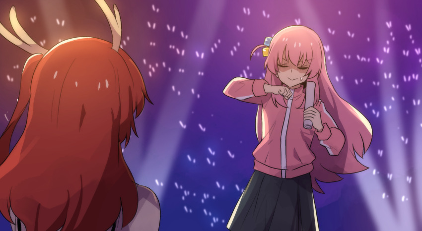 2girls, :>, antlers, black_skirt, bocchi_the_rock!, closed_eyes, commentary, cowboy_shot