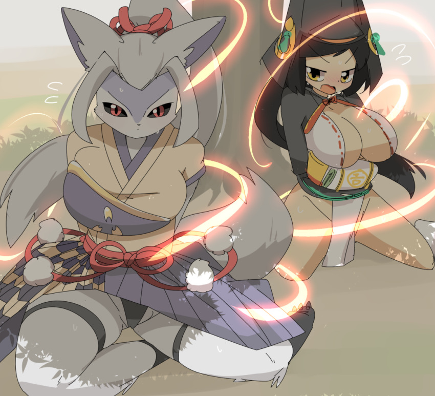 2girls, animal_ears, black_hair, black_panties, black_sclera, blush, bound, breasts