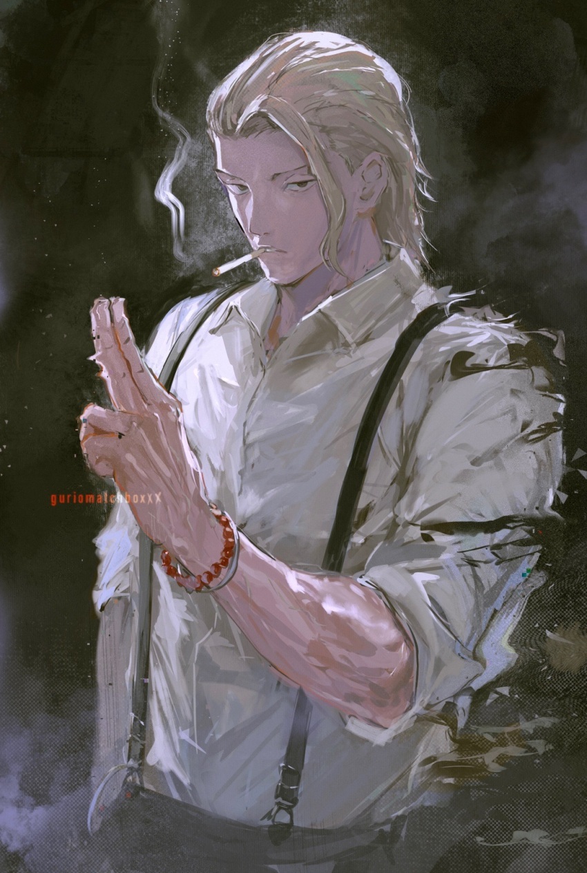 1boy, artist_name, bead_bracelet, beads, blonde_hair, bracelet, brown_eyes, cigarette