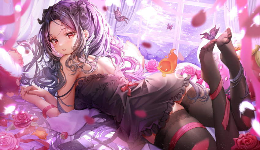 1girl, absurdres, black_bow, black_hair, black_nightgown, black_thighhighs, bow, bug