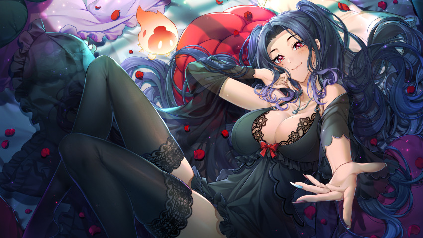 1girl, absurdres, black_hair, black_nightgown, black_thighhighs, blue_nails, bow, bra