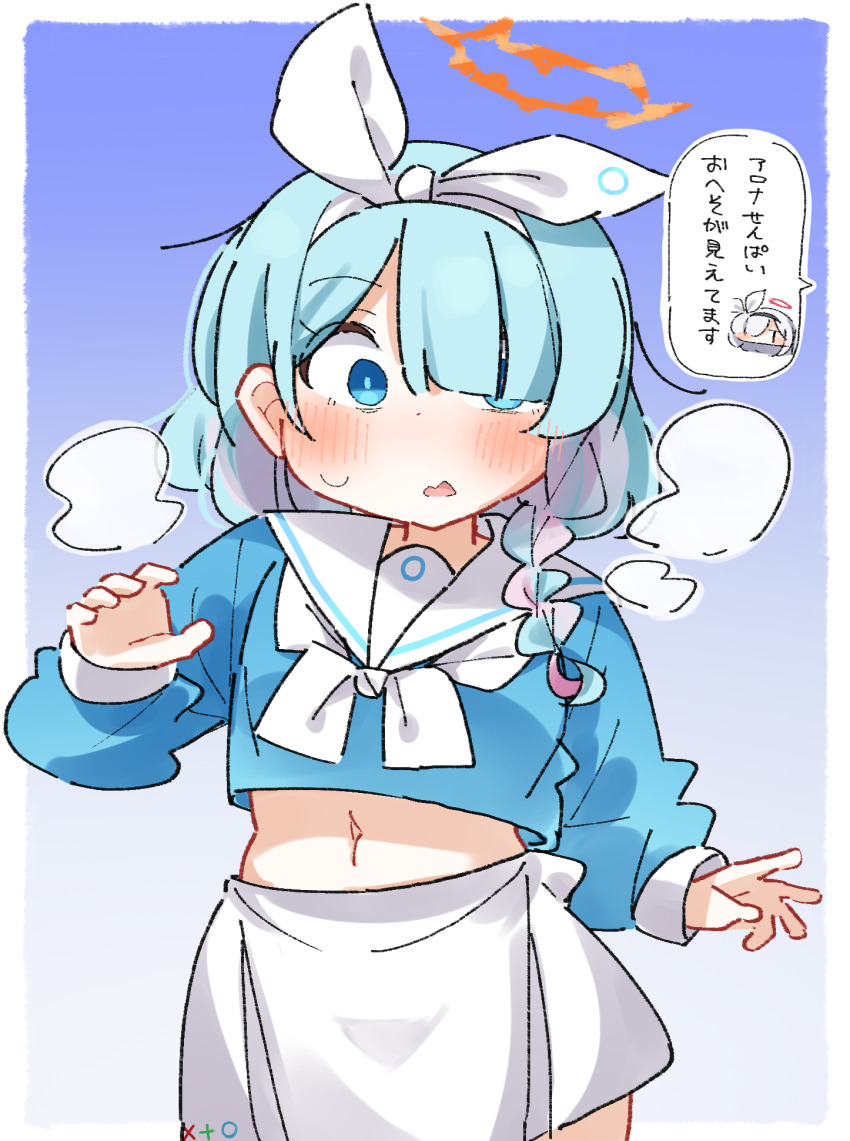 2girls, arona_(blue_archive), blue_archive, blue_background, blue_eyes, blue_hair, blue_shirt, blush