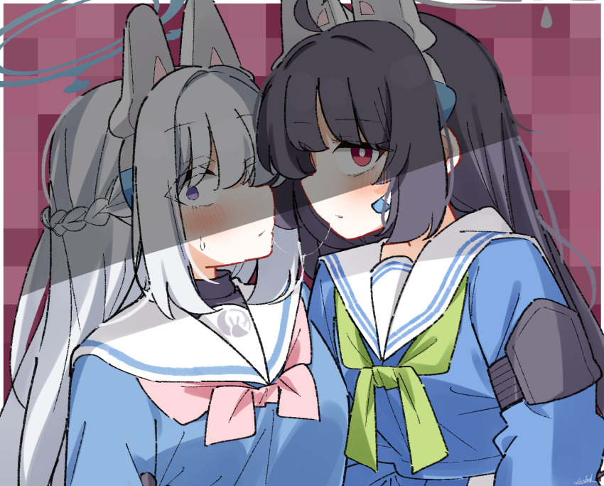 2girls, black_hair, black_shirt, blue_archive, blue_serafuku, blue_shirt, blue_skirt, border