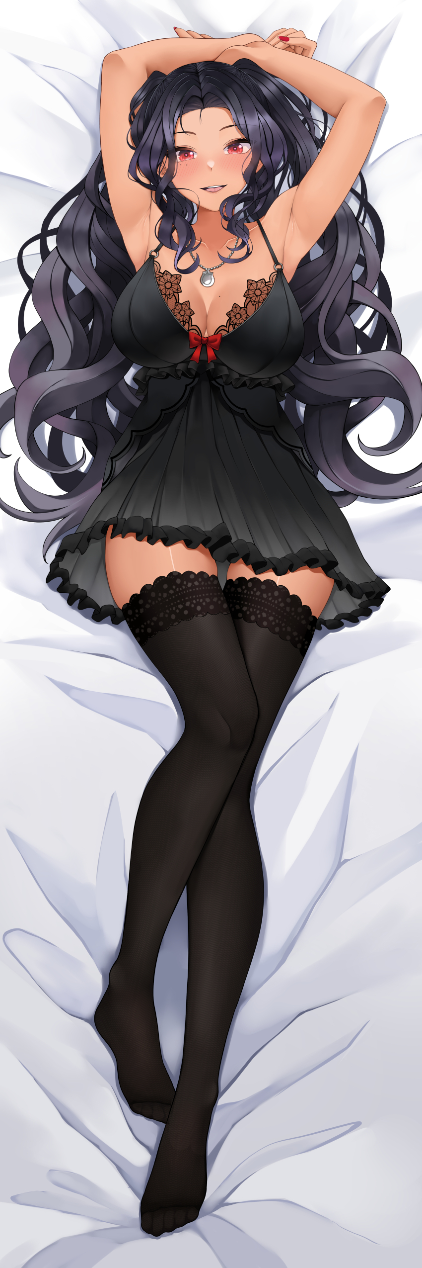 1girl, absurdres, armpits, arms_up, black_hair, black_nightgown, black_thighhighs, bow, breasts, collarbone, dakimakura_(medium), dark-skinned_female, dark_skin, feet, heart, heart-shaped_pupils, highres, jewelry, lace-trimmed_nightgown, landacdeus, large_breasts, long_hair, lying, mole, mole_on_breast, mole_under_eye, necklace, nightgown, nijisanji, nijisanji_en, parted_lips, red_bow, red_eyes, red_nails, scarle_yonaguni, scarle_yonaguni_(pajamas), second-party_source, solo, symbol-shaped_pupils, thighhighs, virtual_youtuber