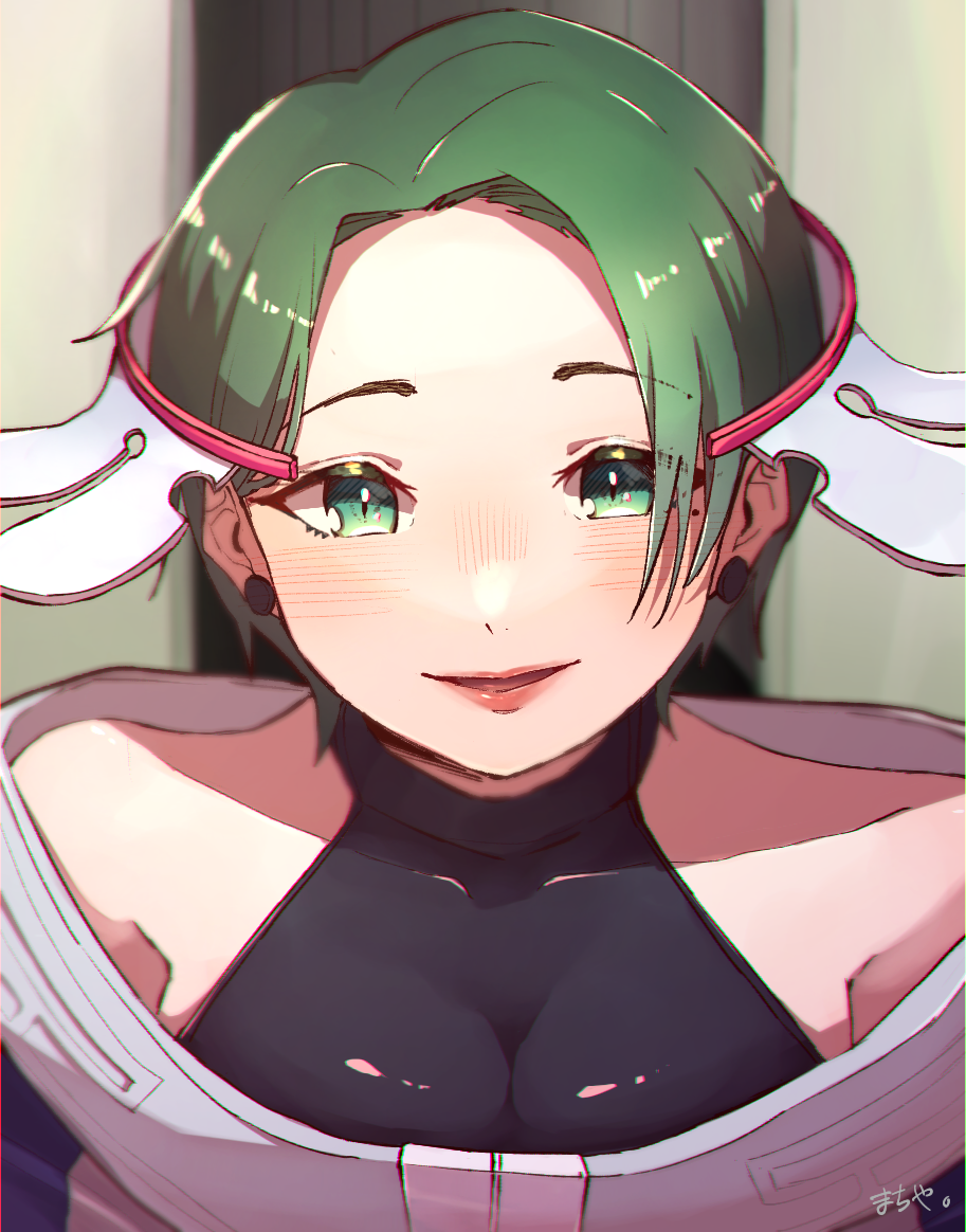 1girl, bare_shoulders, closed_mouth, dress, gnosia, green_eyes, green_hair, lipstick, looking_at_viewer, makeup, short_hair, sleeveless, sleeveless_dress, smile, solo, stella_(gnosia), upper_body, user_mtgd3735