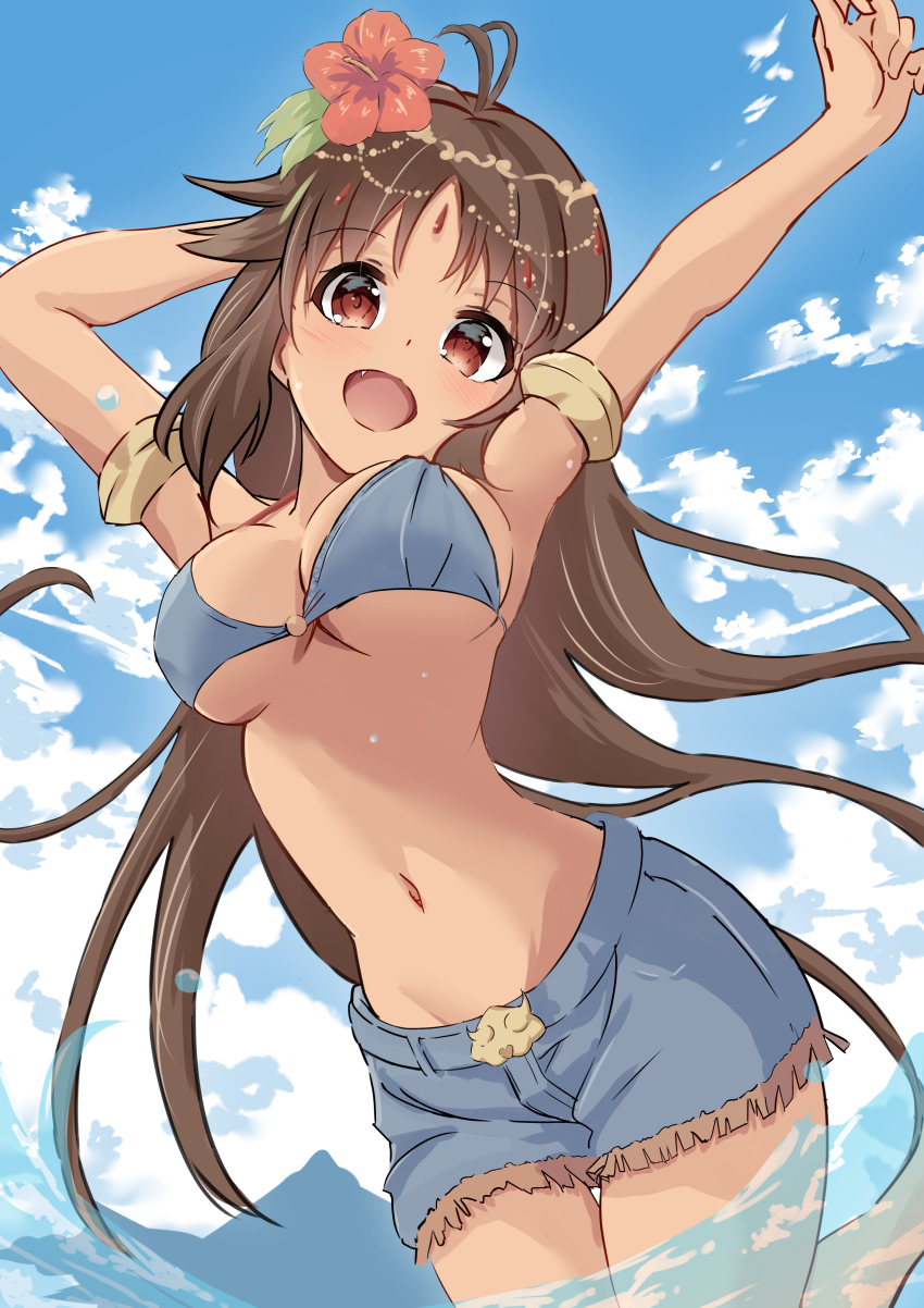 1girl, :d, absurdres, antenna_hair, armpits, arms_up, bikini, bikini_top_only