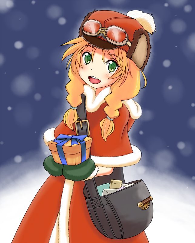 1girl, amino_(peperonn), anette_(rune_factory), bad_id, bad_pixiv_id, bag, blonde_hair, braid, coat, female_focus, gift, goggles, green_eyes, hat, holding, holding_gift, long_hair, peperonn, rune_factory, rune_factory_frontier, smile, solo, twin_braids