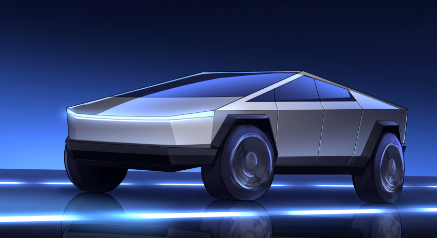 blue_background, car, commentary_request, glowing, glowing_floor, gradient_background, kai55, mixed-language_commentary, motor_vehicle, no_humans, original, pickup_truck, reflection, reflective_floor, shadow, tesla_(company), tesla_cybertruck, truck, vehicle_focus