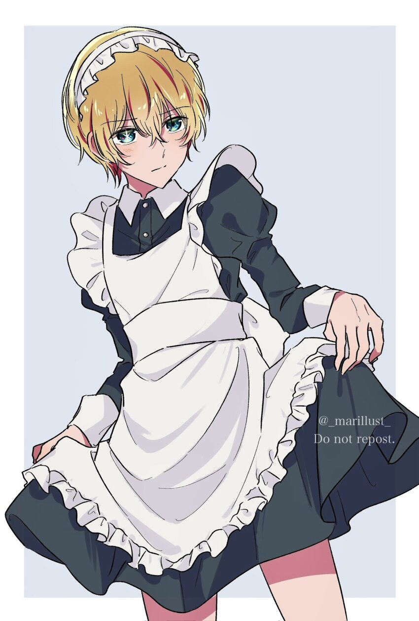 1boy, apron, black_dress, blonde_hair, blue_eyes, closed_mouth, crossdressing, crossdressing_(mtf)