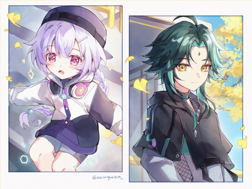 1boy, 1girl, absurdres, alternate_costume, black_hood, braid, cassiopeia19, closed_mouth, collar, facial_mark, forehead_mark, genshin_impact, green_hair, grey_shorts, hair_between_eyes, hair_ornament, hat, headphones, headphones_around_neck, highres, jacket, long_sleeves, multicolored_hair, pink_eyes, purple_hair, qiqi_(genshin_impact), qiqi_(suibian)_(genshin_impact), shorts, smile, track_jacket, xiao_(genshin_impact), xiao_(suibian)_(genshin_impact), yellow_eyes