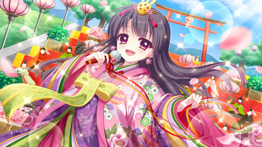 1girl, black_hair, blue_sky, bonbori_(lighting), cloud, day, dot_nose, dutch_angle