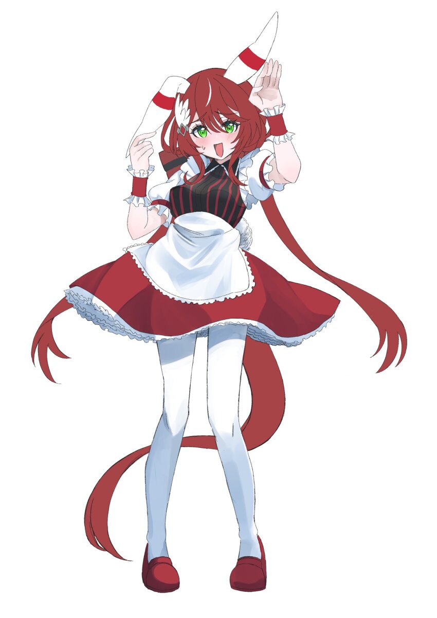 1girl, alternate_costume, animal_ears, babie, blush, breasts, commentary_request, hair_between_eyes, hair_ornament, highres, horse_girl, looking_at_viewer, low_twintails, medium_breasts, open_mouth, pantyhose, rabbit_ears, rabbit_pose, ribbon, shoes, simple_background, standing, sweatdrop, twintails, umamusume, white_background, win_variation_(osaka_hai_celebration)_(umamusume), win_variation_(umamusume)