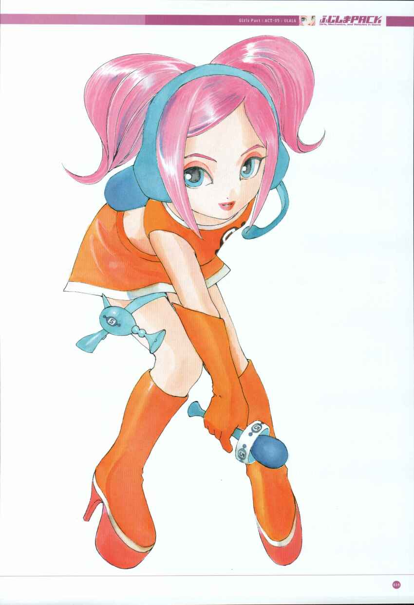 1girl, absurdres, aqua_straps, bare_shoulders, bent_over, blue_eyes, boots, border, character_name, copyright_name, crop_top, dot_nose, elbow_gloves, energy_gun, eyelashes, eyeshadow, fujishima_kousuke, full_body, gloves, gun, headphones, headset, high_heel_boots, high_heels, highres, holding, holding_microphone, holding_weapon, knee_boots, lipstick, logo_print, makeup, microphone, mixed-language_text, numbered, open_mouth, orange_boots, orange_gloves, orange_skirt, page_number, pink_eyebrows, pink_eyeshadow, pink_hair, ray_gun, scan, sega, short_hair, short_twintails, skirt, sleeveless_crop_top, solo, space_channel_5, teeth, thigh_strap, twintails, ulala, weapon