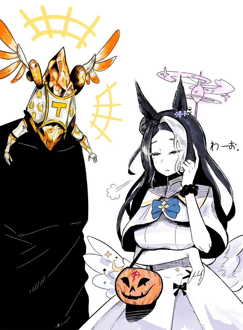 +++, 1girl, 1other, black_hair, blue_archive, blue_bow, blue_bowtie, borrowed_hairstyle, bow, bowtie, cowboy_shot, ear_flower, fake_halo, grey_hair, gundam, gundam:_hathaway's_flash, hair_bun, hair_intakes, halloween, halloween_costume, halo, herald_of_orange_light, highres, horse_girl, jack-o'-lantern, low_wings, mafti_nabiyu_erin, mejiro_ramonu_(umamusume), mika_(blue_archive), multicolored_hair, puff_of_air, sigh, single_hair_bun, t-head_trainer_(umamusume), touyama_nao, trainer_(umamusume), translated, two-tone_hair, umamusume, voice_actor_connection, what_is_(pix30d), wings, yu-gi-oh!