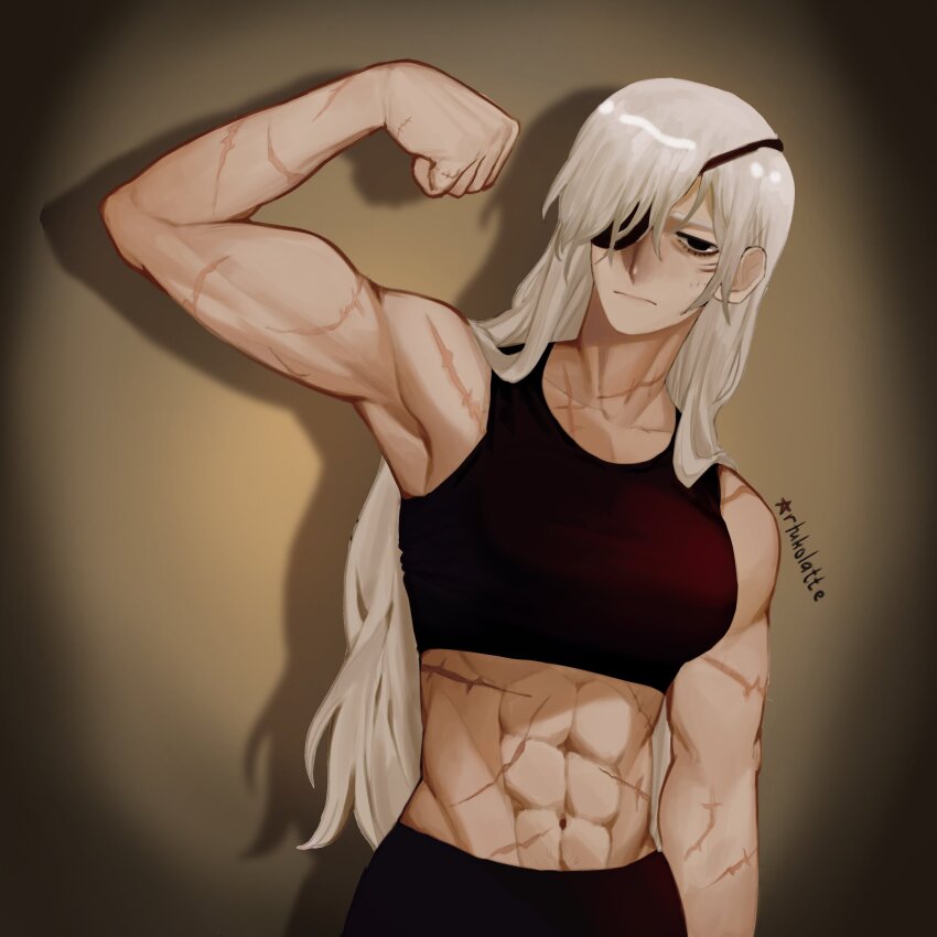 1girl, abs, absurdres, alternate_muscle_size, artukolatte, biceps, black_pants, black_tank_top, breasts, chainsaw_man, eyepatch, flexing, highres, long_hair, looking_at_viewer, medium_breasts, muscular, muscular_female, navel, obliques, pants, quanxi_(chainsaw_man), scar, scar_on_stomach, simple_background, solo, sports_bra, tank_top, thighs, toned, white_hair