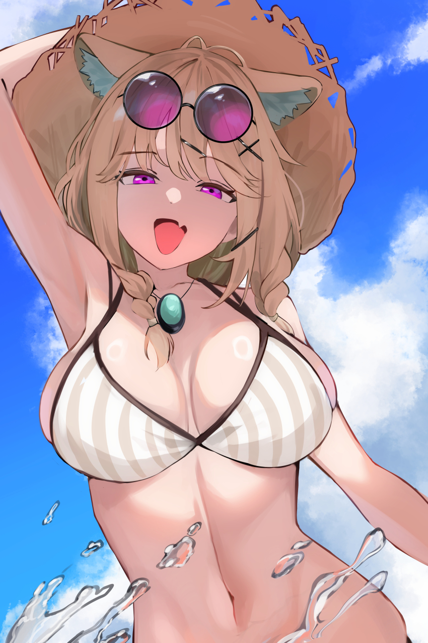 1girl, absurdres, animal_ear_fluff, arknights, armpits, bikini, blue_sky, breasts, brown_hair, cleavage, eyewear_on_head, highres, jewelry, midriff, necklace, open_mouth, puranetto_(vjun4748), purple_eyes, sky, smile, solo, striped_bikini, striped_clothes, swimsuit, upper_body, utage_(arknights), utage_(summer_flowers)_(arknights), water