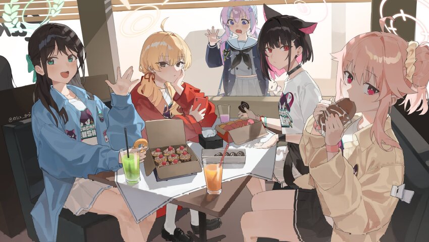 5girls, after-school_sweets_club_(blue_archive), ahoge, airi_(band)_(blue_archive), airi_(blue_archive), animal_ears, black_footwear, black_hair