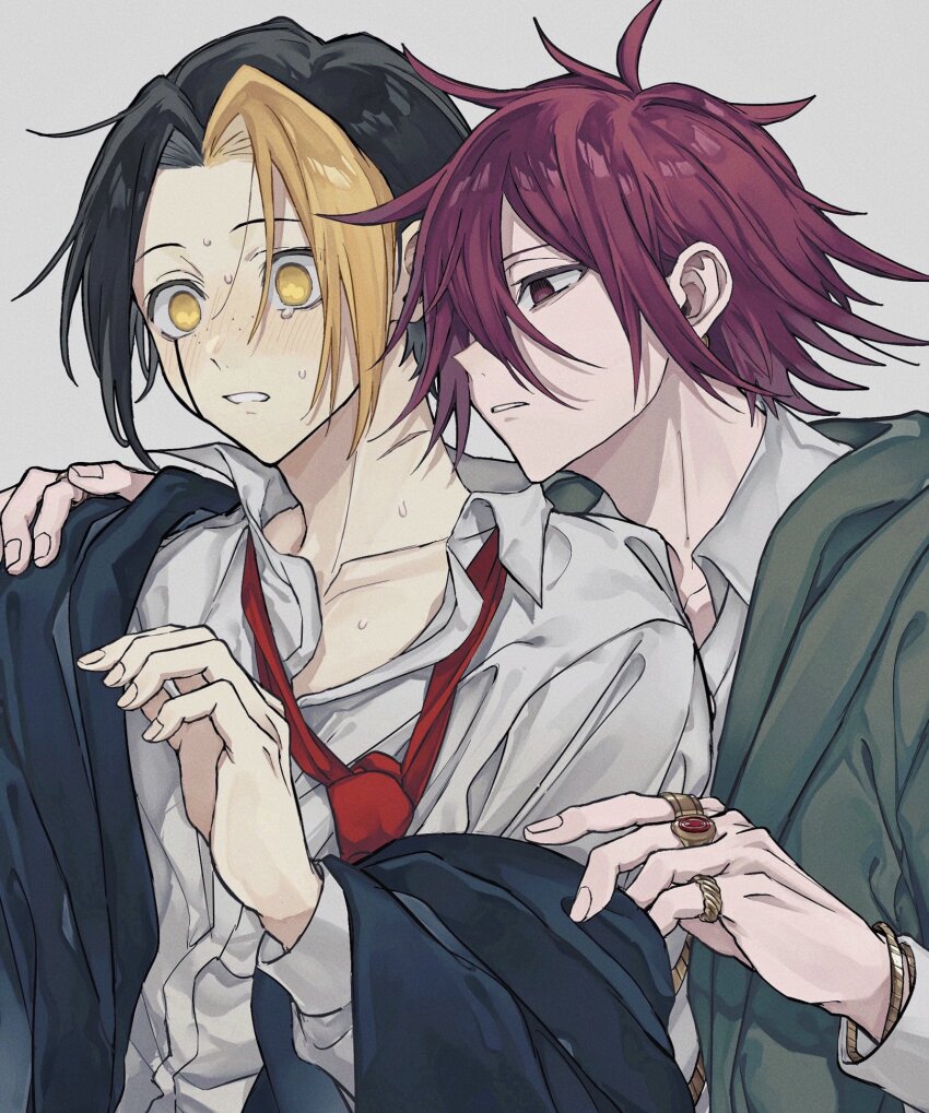 2boys, black_hair, black_robe, bracelet, carpaccio_luo-yang, collarbone, collared_shirt, facial_mark