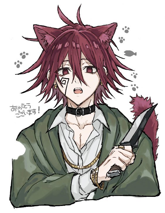 1boy, animal_ears, bracelet, carpaccio_luo-yang, cat_ears, cat_tail, collarbone, collared_shirt
