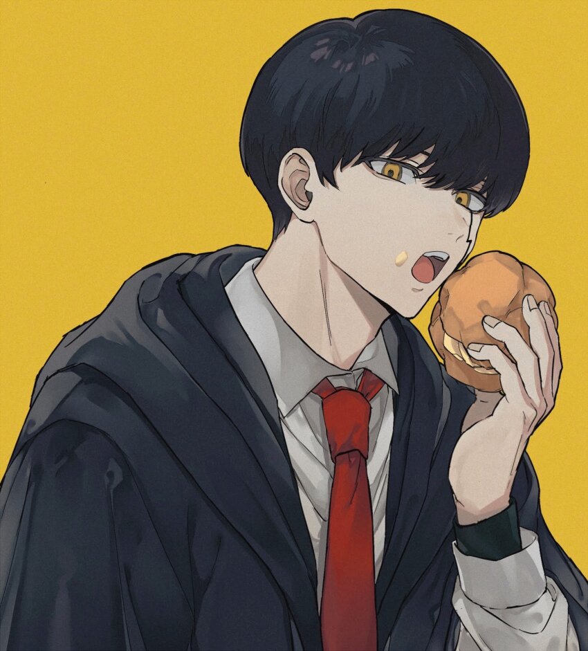 1boy, black_hair, black_robe, collared_shirt, cream_puff, facial_mark, food, highres, long_sleeves, m_aizw, mash_burnedead, mashle, necktie, open_mouth, red_necktie, robe, shirt, short_hair, solo, white_shirt, yellow_background, yellow_eyes