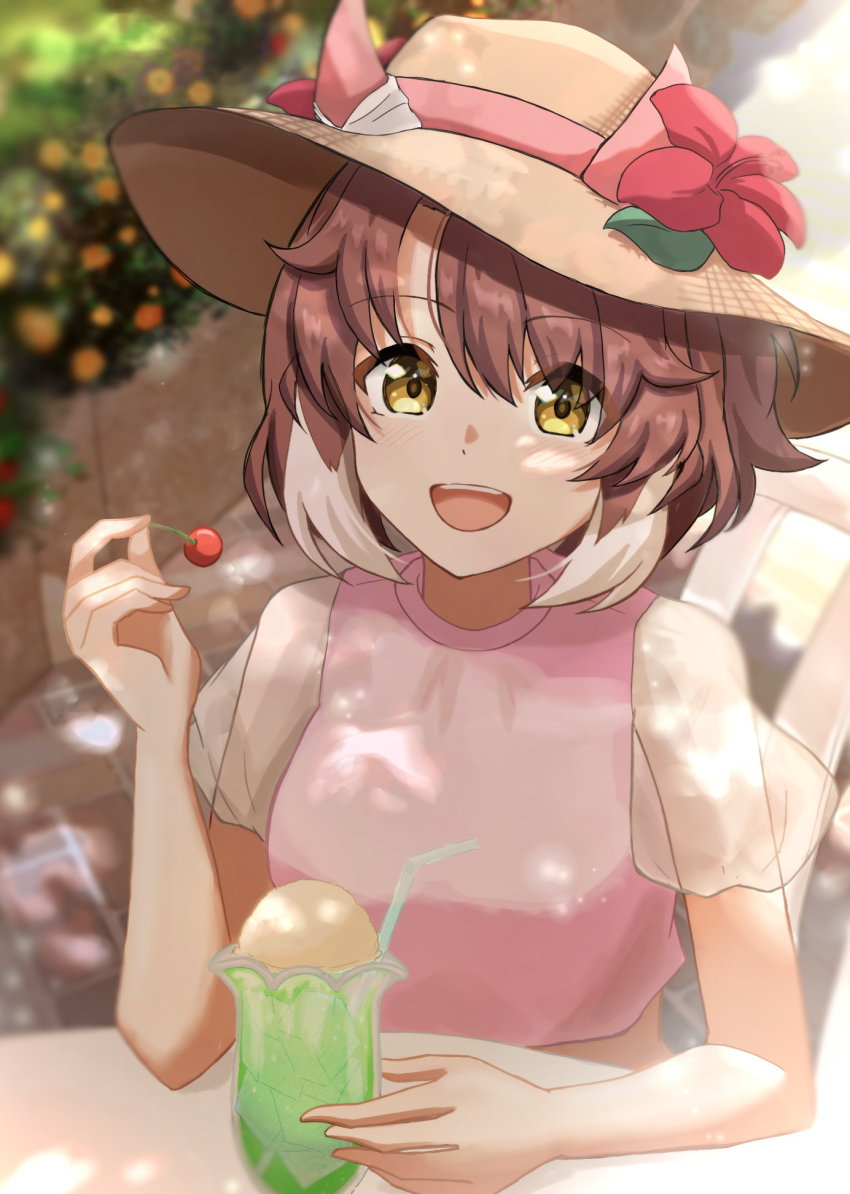 1girl, :d, animal_ears, breasts, brown_hair, cherry, dantsu_flame_(umamusume), ear_covers