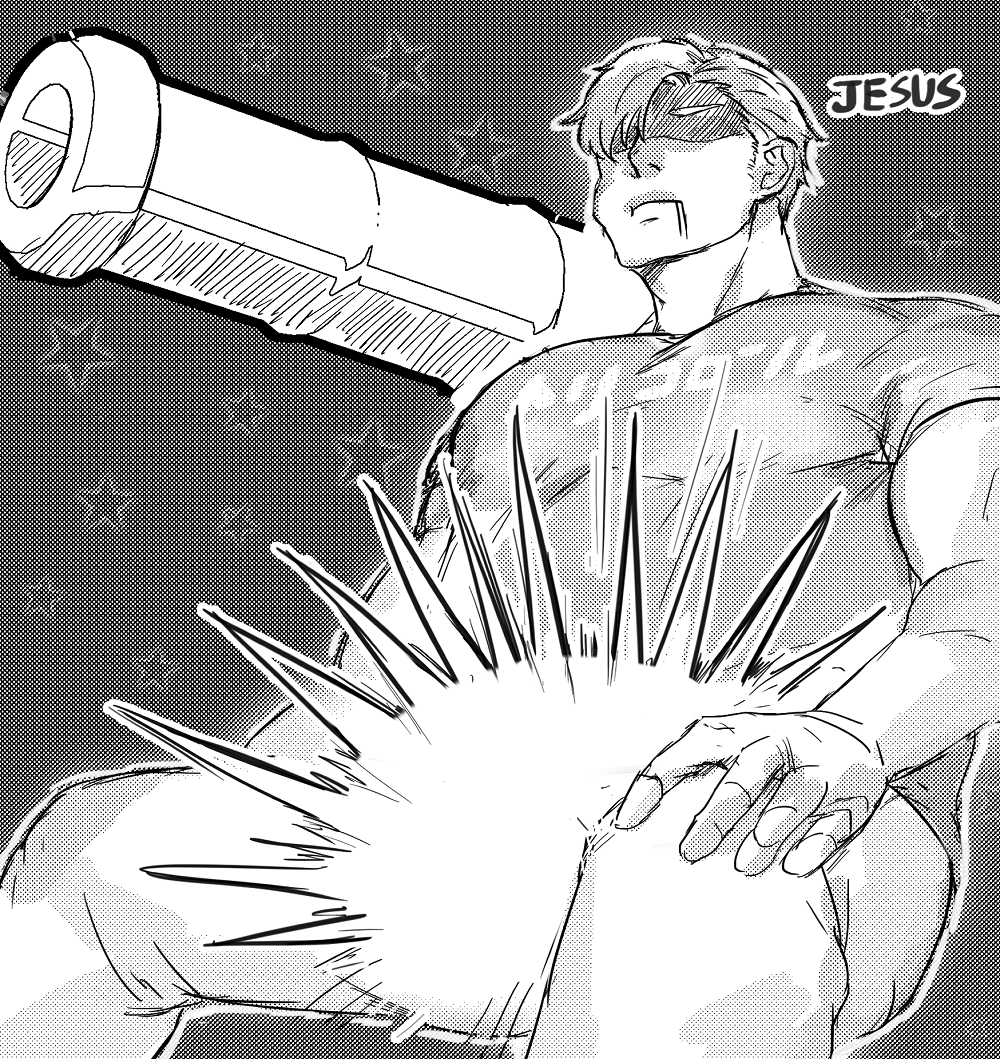 1boy, bara, english_text, facial_hair, from_below, glowing_crotch, greyscale, implied_yaoi