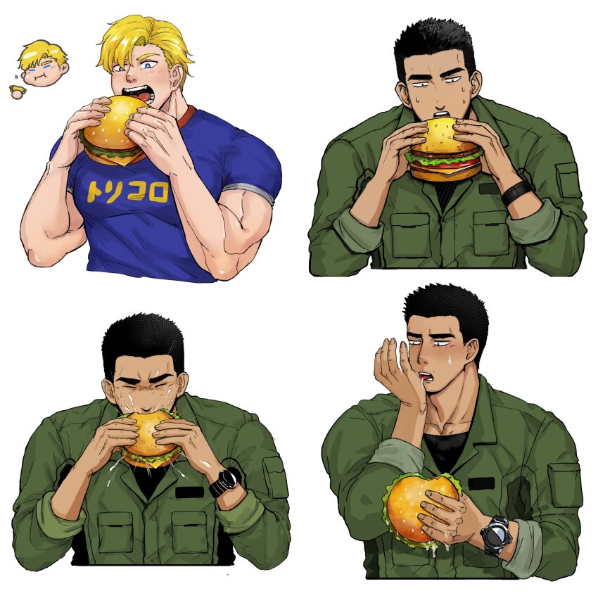 2boys, ao_isami, bara, black_hair, blonde_hair, blush, burger, chibi