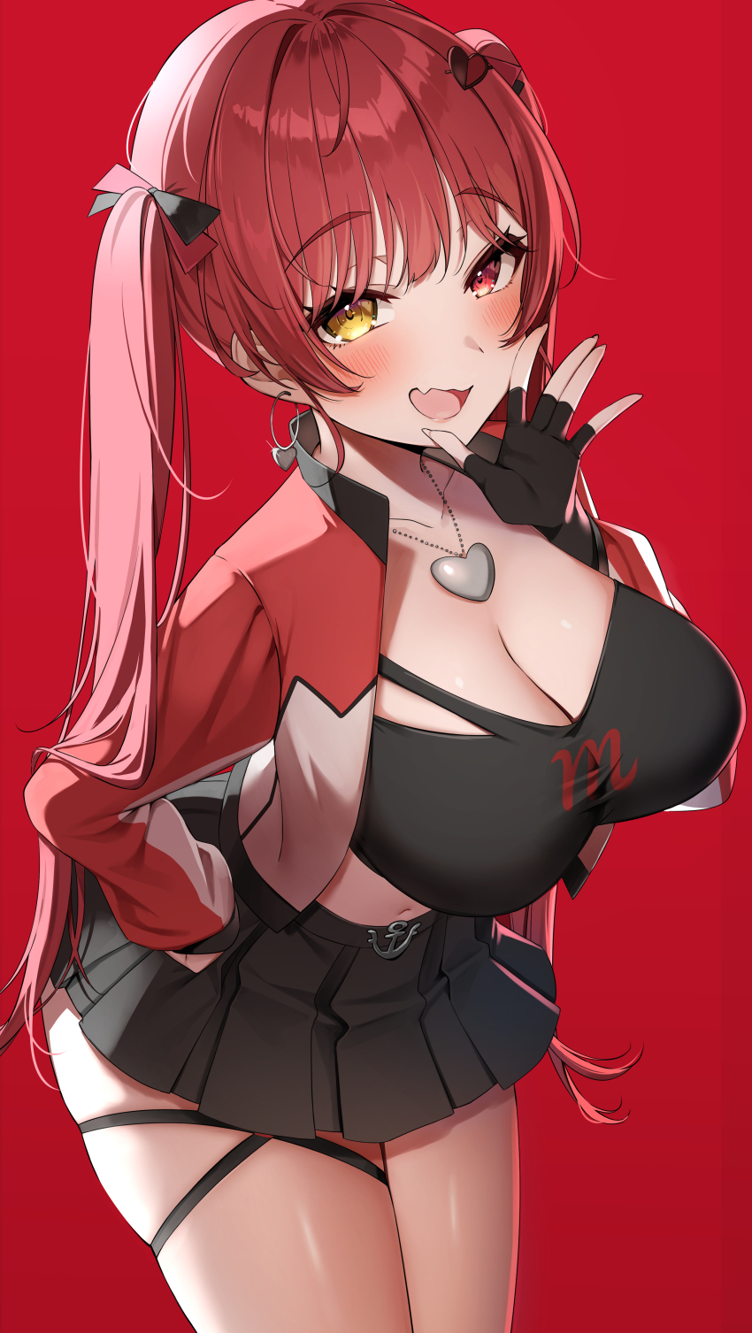 1girl, absurdres, ass, black_gloves, black_shirt, black_skirt, blush, breasts, cleavage, collarbone, cowboy_shot, crop_top, earrings, gawawawa, gloves, heart, heart_earrings, heart_pendant, hetero, highres, hololive, houshou_marine, iii_(hololive), jacket, jewelry, large_breasts, looking_at_viewer, midriff, miniskirt, multicolored_jacket, pleated_skirt, red_background, red_eyes, red_hair, red_jacket, shirt, simple_background, skirt, solo, strapless, two-tone_jacket, virtual_youtuber, white_jacket, yellow_eyes