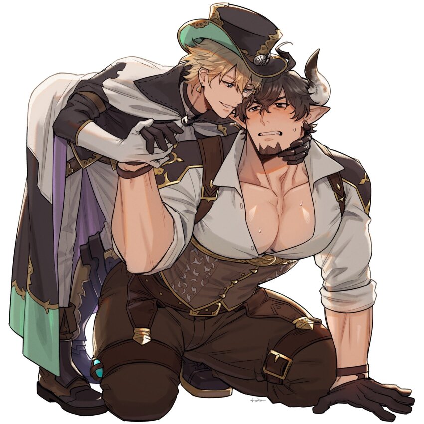 2boys, amagosi, bara, barawa, blonde_hair, blush, brown_gloves, brown_hair