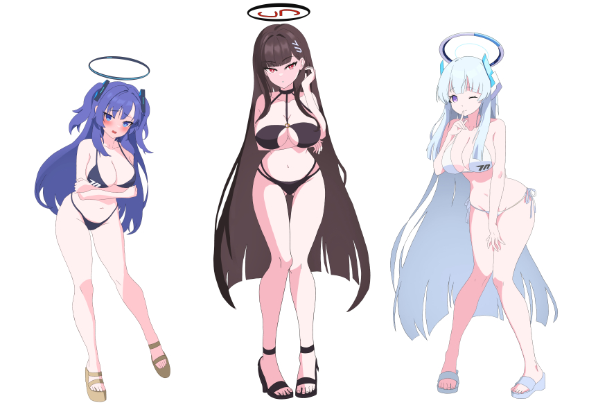 3girls, absurdres, alternate_costume, bare_arms, bare_legs, bare_shoulders, bikini, black_bikini, black_footwear, blue_archive, blunt_bangs, blush, breasts, cleavage, closed_mouth, full_body, grey_hair, hair_ornament, hairclip, halo, highres, hime_cut, large_breasts, long_hair, looking_at_viewer, mechanical_halo, midang, multiple_girls, navel, noa_(blue_archive), one_eye_closed, open_mouth, purple_eyes, purple_hair, rio_(blue_archive), sandals, simple_background, swimsuit, two_side_up, very_long_hair, white_background, white_bikini, yuuka_(blue_archive)